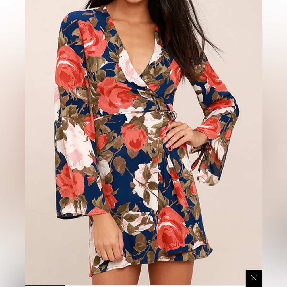 Lulus Wrapped Up In Roses bell sleeve wrap mini dress